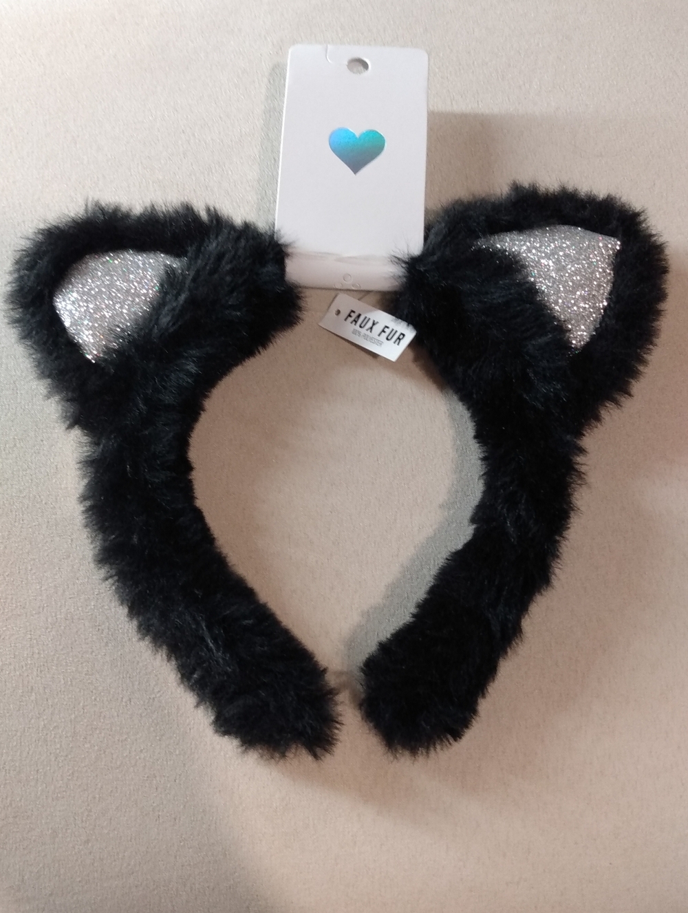 Kids Black Faux Fur Cat Ear Headband with Silver Glitter Inner Ears